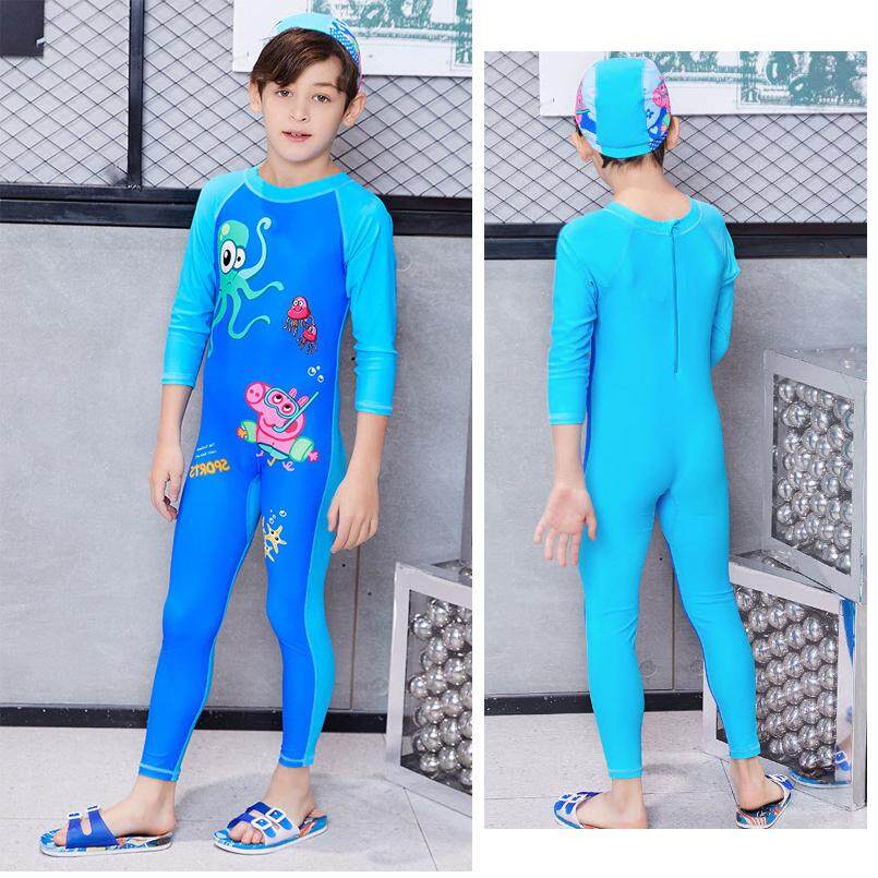 ชุดว่ายน้ำเด็ก บอดี้สูท แขนยาว ขายาว ลายหมู (Blue) ไซต์ M-XL # 0738 สี สีฟ้า