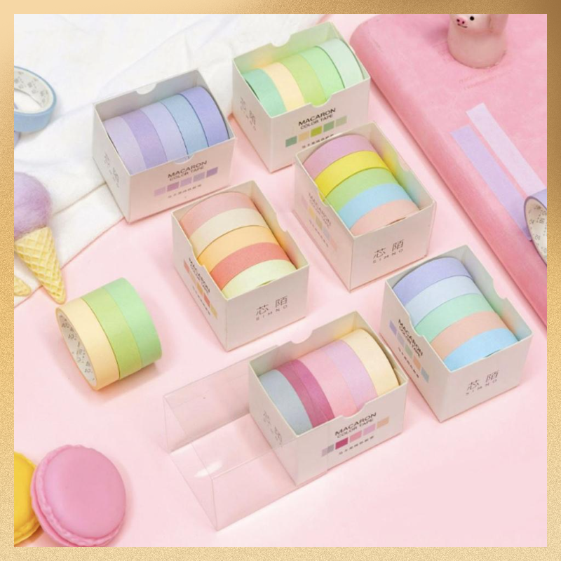 พร้อมส่ง เทปตกแต่งน่ารักๆสุดคุ้ม  เทปตกแต่งสีพาสเทล เซ็ต5ม้วน เทปตกแต่งมาการอง  สติ๊กเกอร์ตกแต่ง เทปตกแต่งไดอารี่ สติ๊กเกอร์DIY Masking tape