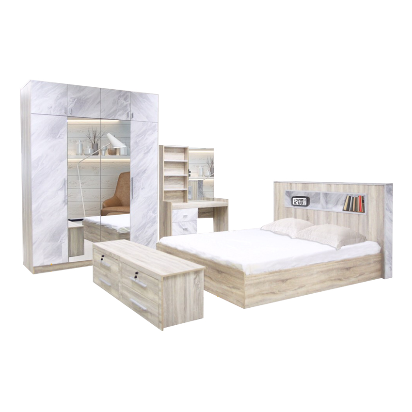 RF Furniture ชุดห้องนอน 6ฟุต พรีเมี่ยม ( เตียง 6ฟุต+ตู้เสื้อผ้า 1.35ม.+โต๊ะแป้งยืน 1ม.) สีโซลิดลายหินอ่อน Bedroom Set