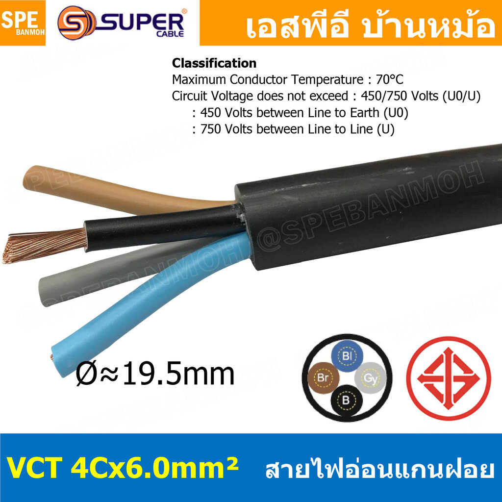 [ 1 เมตร ] VCT-4x6.0 สาย VCT 4C X 6.0 sq.mm สายอ่อน 4 คอร์ Size 6.0 sq ...