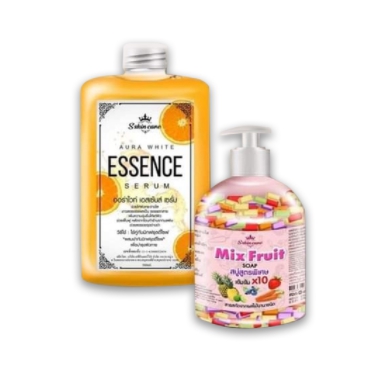 Mix Fruit SOAP สบู่สูตรพิเศษเข้มข้น 10 เท่า มิกฟรุตตี้โซป+ออร่าไวท์ เอสเซ้นส์ เซรั่ม