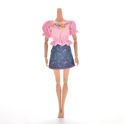 2 Pcs/Set Pink T Shirt and Blue Denim Skirt for Barbies Princess Dolls