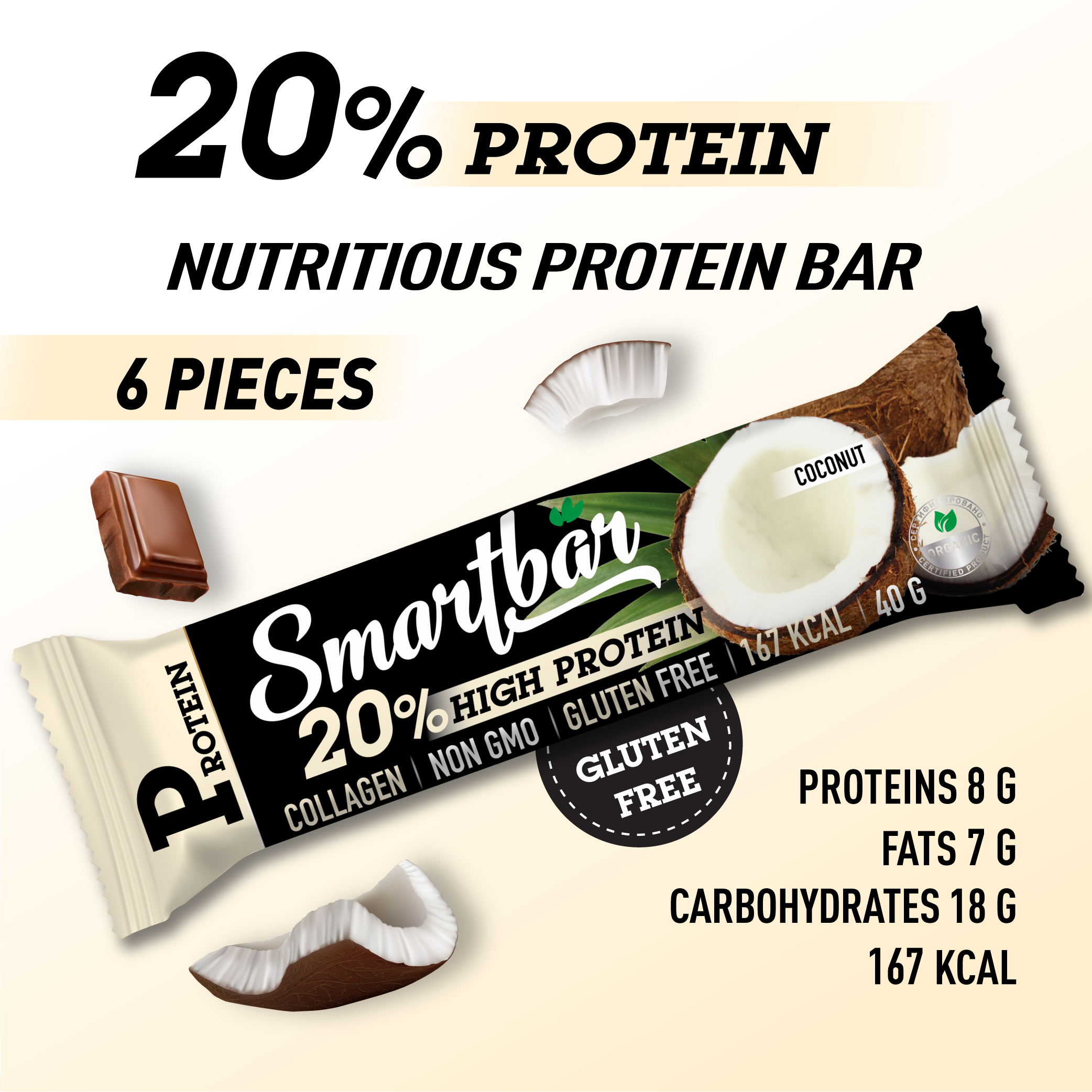 แคนดี้บาร์โปรตีนสูง "มะพร้าวเคลือบเข้ม" SmartBar Protein 40 gr. x 6 ...