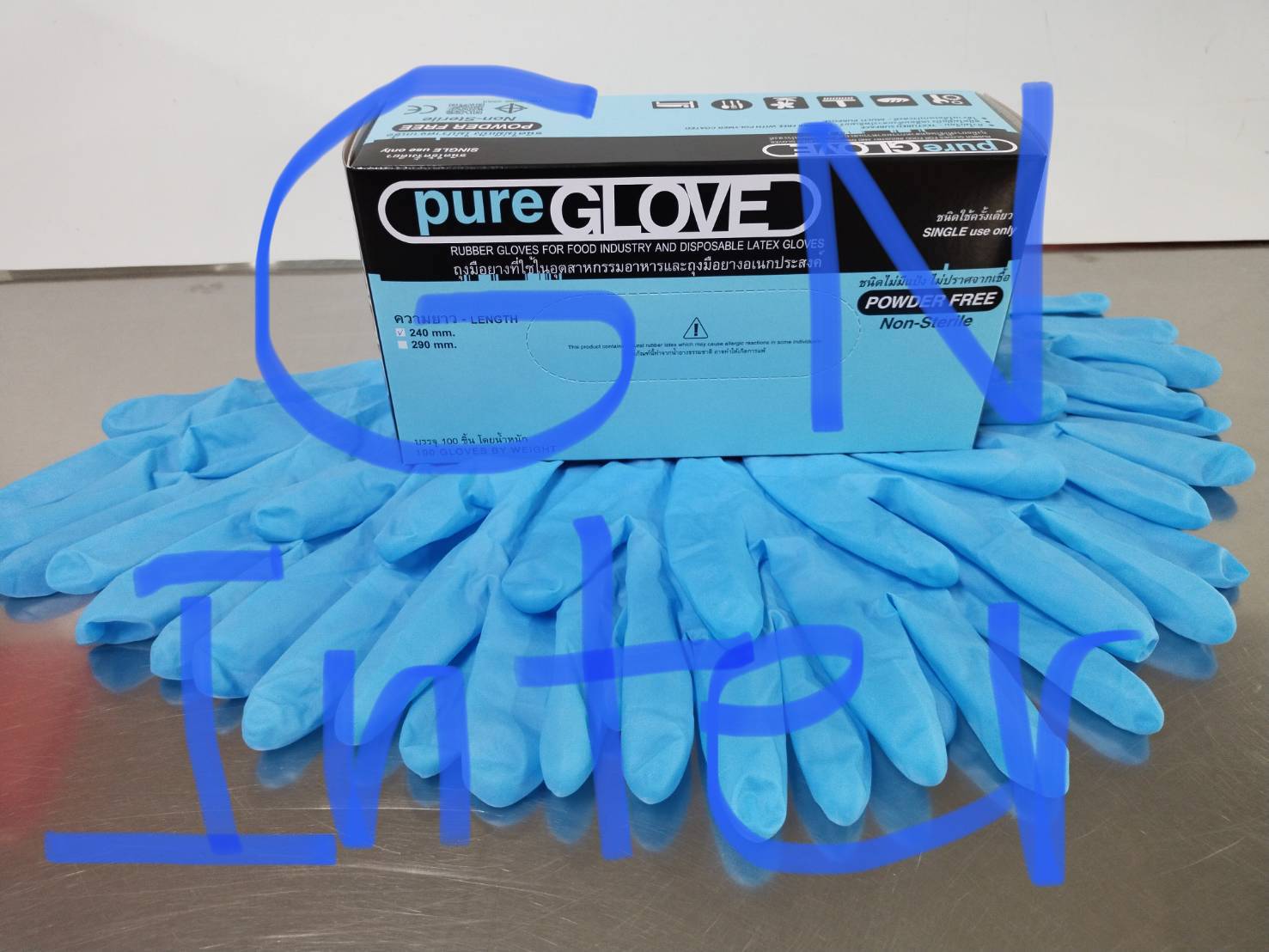 Latex Powder Free Blue Color ถุงมือยางเอนกประสงค์ สีฟ้า Pure glove ของแท้ 100% (กล่องละ 100 ชิ้น)