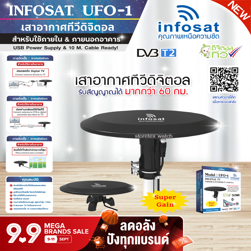 INFOSAT รุ่น UFO-1 เสาอากาศทีวีดิจิตอล มีสายในตัว 10เมตร (สำหรับใช้ภายใน
ภายนอกอาคาร)