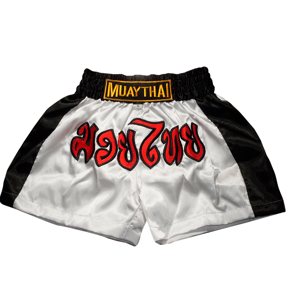 กางเกงมวยเด็ก Size L Muay Thai Shorts Kids White-Black Childrens Trunks Kickboxing