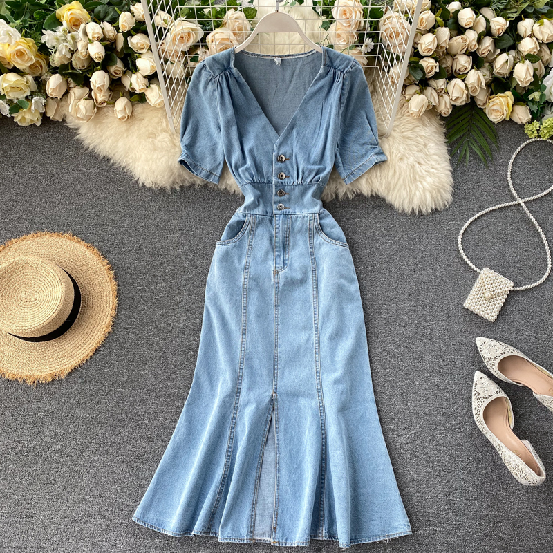 CHIC Phong Cách Hồng Kông Phong Cách Retro Vải Bò Váy Khí Chất Cổ Chữ V Hàng Cúc Trên Quần Áo Bó Eo Tôn Dáng Qua Đầu Gối Khoét Sâu Đầm Nữ Mùa Hè