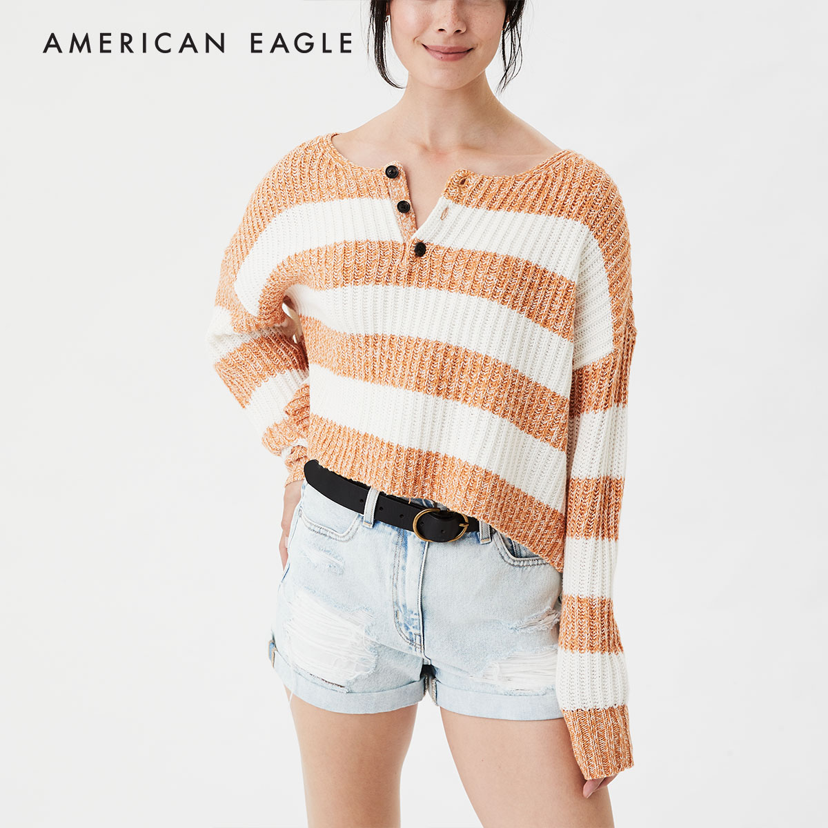 American Eagle Henley Boxy Cropped  Sweater เสื้อ สเวตเตอร์ ผู้หญิง บ็อกซี่ ครอป(034-8572-284)