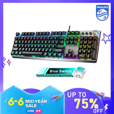 Philips SPK8405เกมสายยูเอสบีคีย์บอร์ดแบบกลไกแผงโลหะมัลติมีเดียลูกบิดเต็มรูปแบบAnti-Ghostingสำหรับคอมพิวเตอร์พีซีแล็ปท็อป
