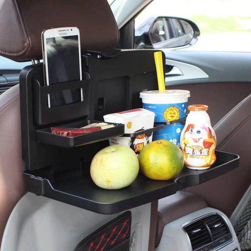 DIY TOOLS ถาดวางอาหาร เครื่องดื่ม เบาะหลังรถ ในรถยนต์ แบบพับเก็บได้ พร้อมที่วางแก้ว สีดำ Black Car Seat Table Drink Food Cup Diving Tray