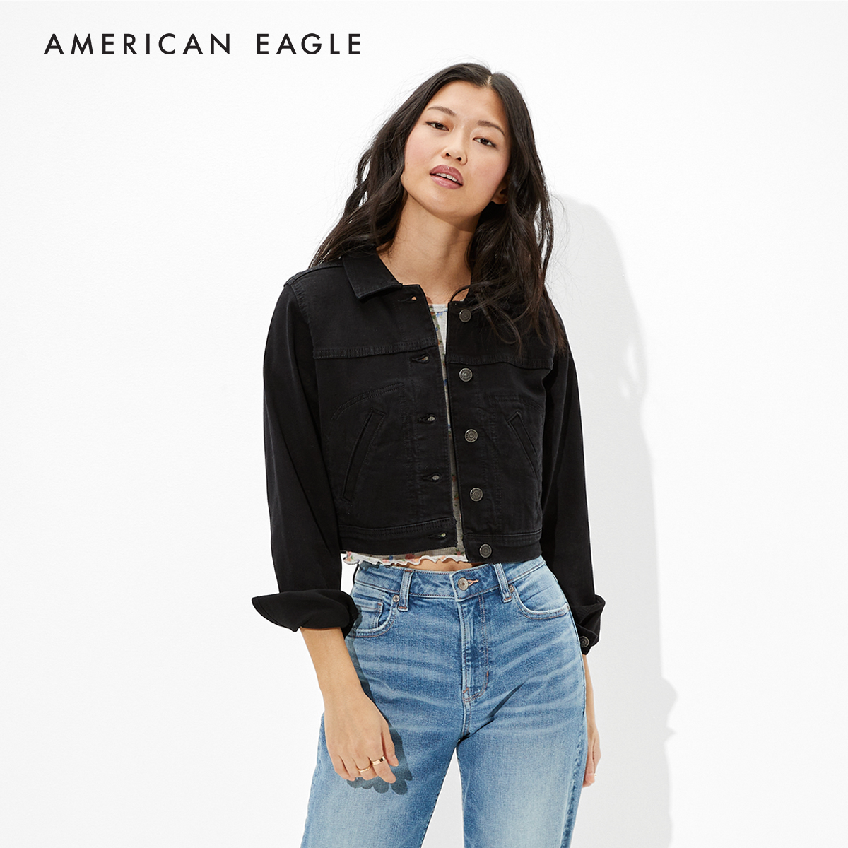 American Eagle Cropped Black Denim Jacket เสื้อ แจ็คเก็ต ผู้หญิง ยีนส์(038-3045-001)