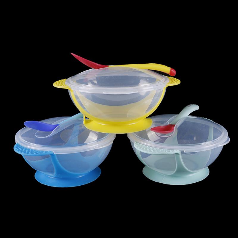 New Anti-Slip Baby Kids Temperature Sensing Spoon Set Suction Cup Bowl Tableware