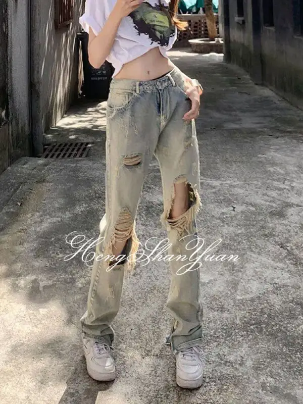 ภาพหน้าปกสินค้าHengShanYuan กางเกงยีนส์ผู้หญิง กางเกงยีนส์เอวสูง กางเกงยีนส์ทรงกระบอก กางเกงยีนส์ขายาว ฉีกกางเกงยีนส์ ยีนส์สไตล์ Y2K จากร้าน HengShanYuan  บน Lazada