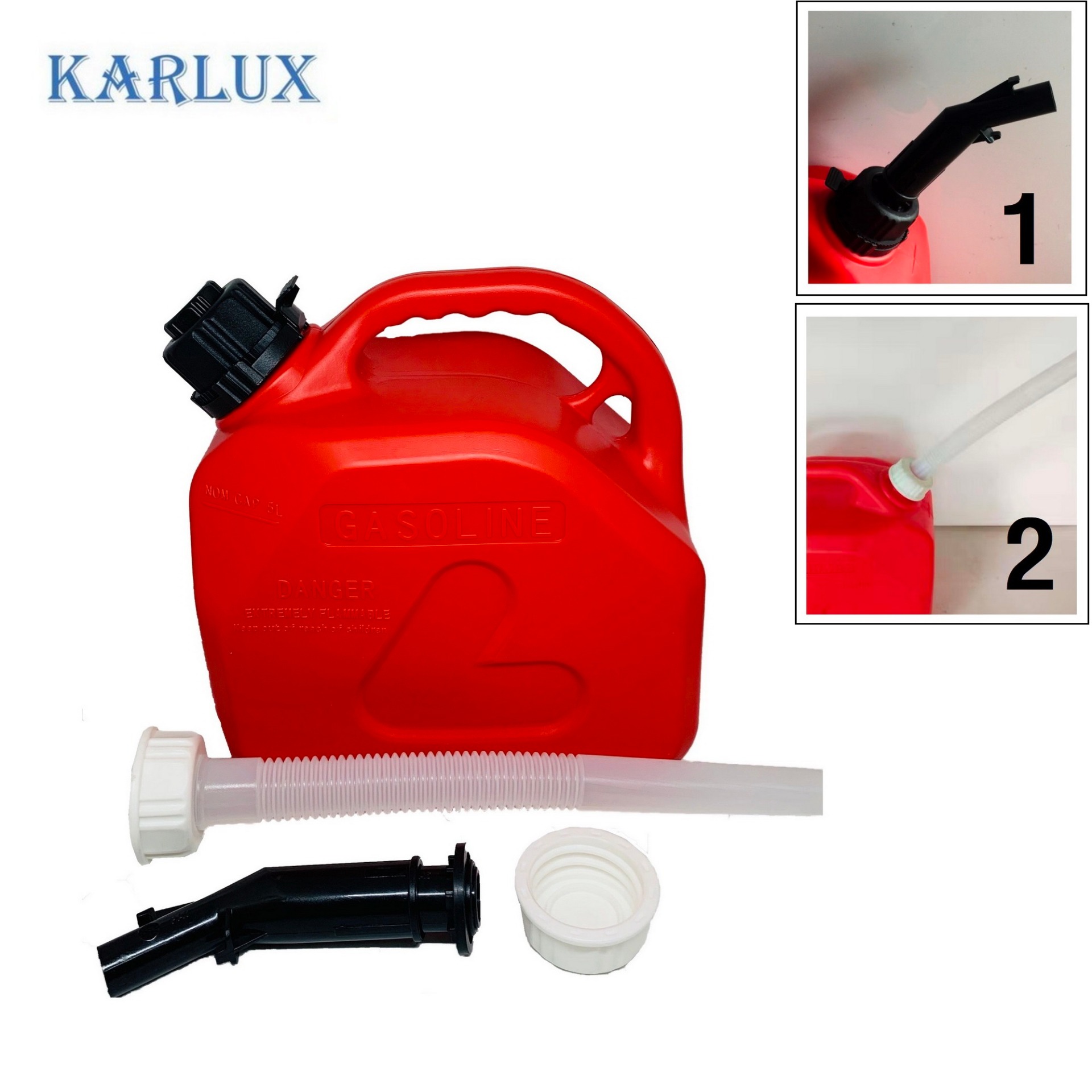 Karlux ถังแกลลอนเก็บน้ำมันสำรอง 5 ลิตร พร้อมหัวเติม 2 อัน Fuel Tank  (หัวเติม แบบกด และ แบบเท)