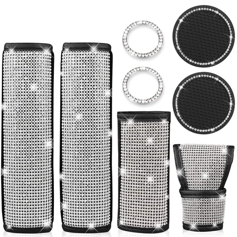 Rhinestones Car Accessories Set Bling Seat Belt Covers,Gear Shift Cover,Handbrake Cover Engine Bling Ring,Car Coasters