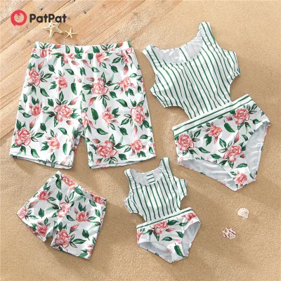 PatPat Family Look Matching Floral Print Stripe One-piece Swimsuits Swimwear-Z