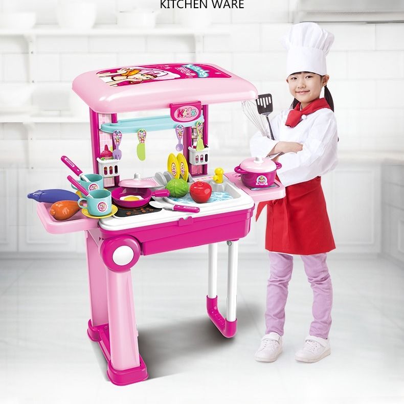 เล่นบ้านครัวแบบพกพากระเป๋าเดินทางทำอาหารของเล่นทำอาหารเครื่องครัวเด็กเด็กสาวเด็กชุดบนโต๊ะอาหาร