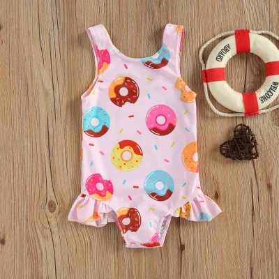 1-4T Baby's Romper Newborn Girls One-piece Swimsuit Summer Children Cute Crab/Donut Printing Sleeveless Swimwear for Vacation