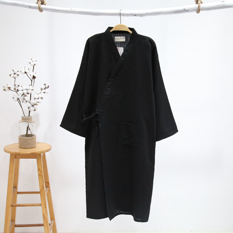 New men's pure cotton gauze robe thin summer all cotton kimono bathrobe one piece loose casual large dark pattern54A4
