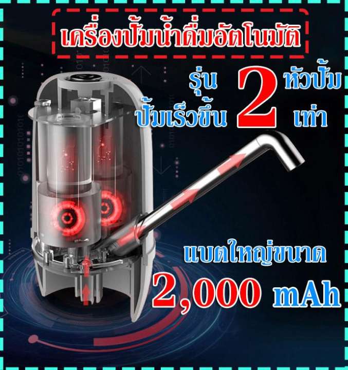 ที่ปั๊มน้ำดื่มอัตโนมัติ รุ่นท็อปสุด 2 หัวปั้ม แบตขนาด 2,000 mAh รุ่นใหม่ปั๊มน้ำได้เร็ว 2 เท่า ใช้ซิลิโคนเกรดอาหาร สแตนเลส เกรดวัสดุใช้งานไม่เป็นสนิม