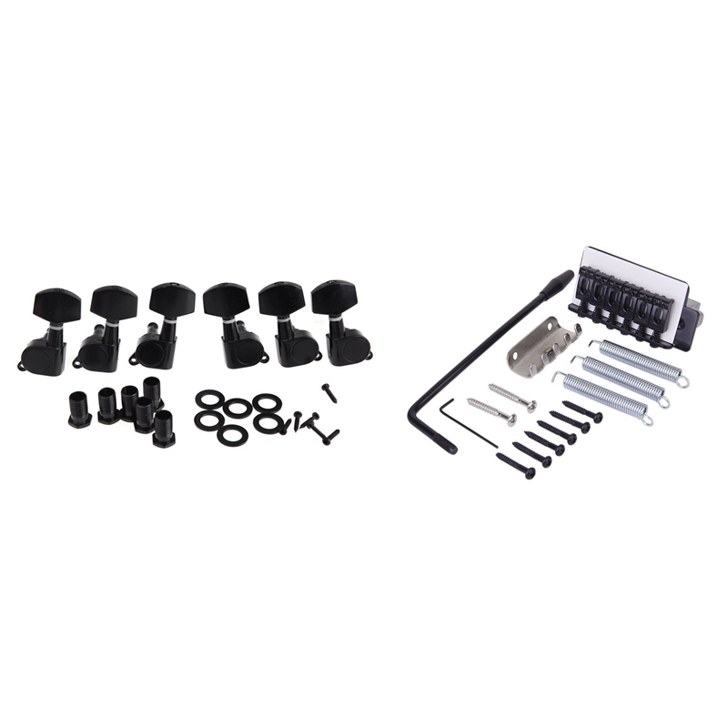 6 Pieces Black Sealed Electric Tuning Pegs Tuner Machine Head 3R 3L / Acoustic Guitar & 1 Set Black Tremolo Bridge Set for Strat Electric Guitar Set