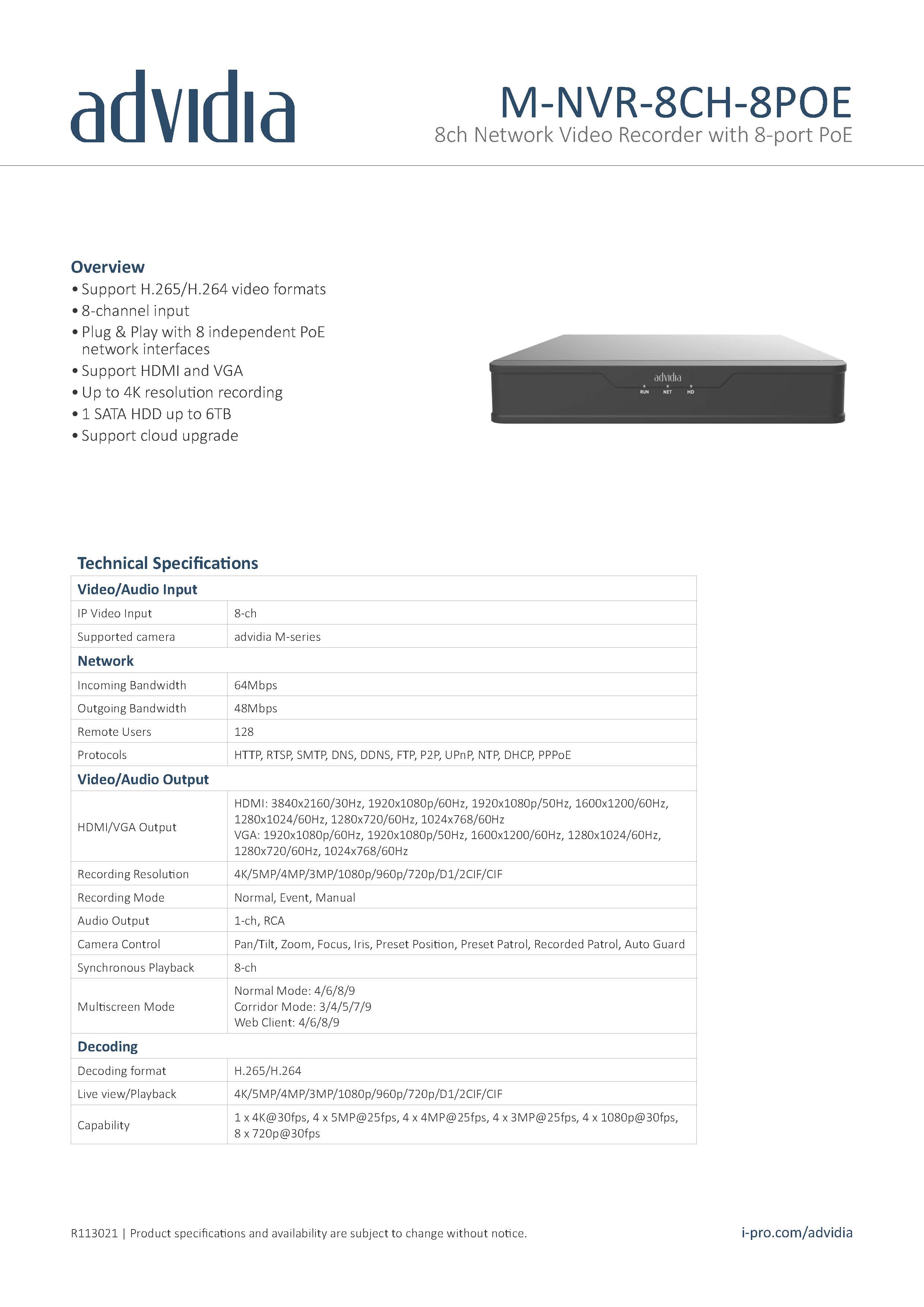 M-NVR-8CH-8POE เครื่องบันทึกภาพ Advidia IP 8ช่องมีPOE NVR8CH NVR ...