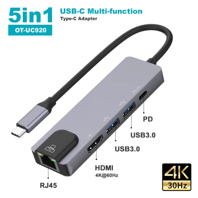 5 In 1 อะแดปเตอร์ USB Type C Hub HDMI Rj45 Lan Adapter for MacBook Pro Thunderbolt 3, USB C to Gigabit Ethernet Adapter USB-C Charger Port รองรับ สมาร์ทโฟน คอมพิวเตอร์ แท็บเล็ต#T-001