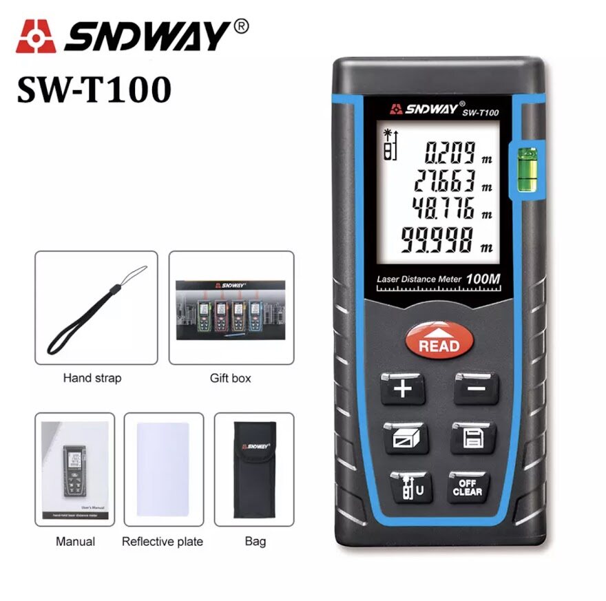สินค้าพร้อมส่ง SNDWAY SW-T100 100M เลเซอร์ Rangefinder ดิจิตอล เลเซอร์วัดระยะทางอิเล็กทรอนิกส์ระดับไม้บรรทัด range Finder