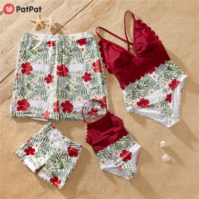 PatPat Family Look Floral Print Stitching Solid One-piece Matching Swimsuits Swimwear-Z