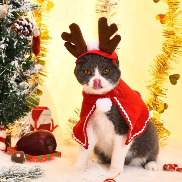 SUPER CUTE 4 Adjustable Funny Xmas Pet Clothing Deer Head Dog Cat Santa Claus Cute Warm Red Scarf Hat Pet Cosplay Costume Christmas Clothes Pet Clothes Pet Costume