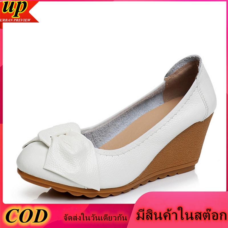 1F169 Wedges ของผู้หญิงใหม่รองเท้าส้นสูงรองเท้าผู้หญิงหนังสบายกับรองเท้าเดียว