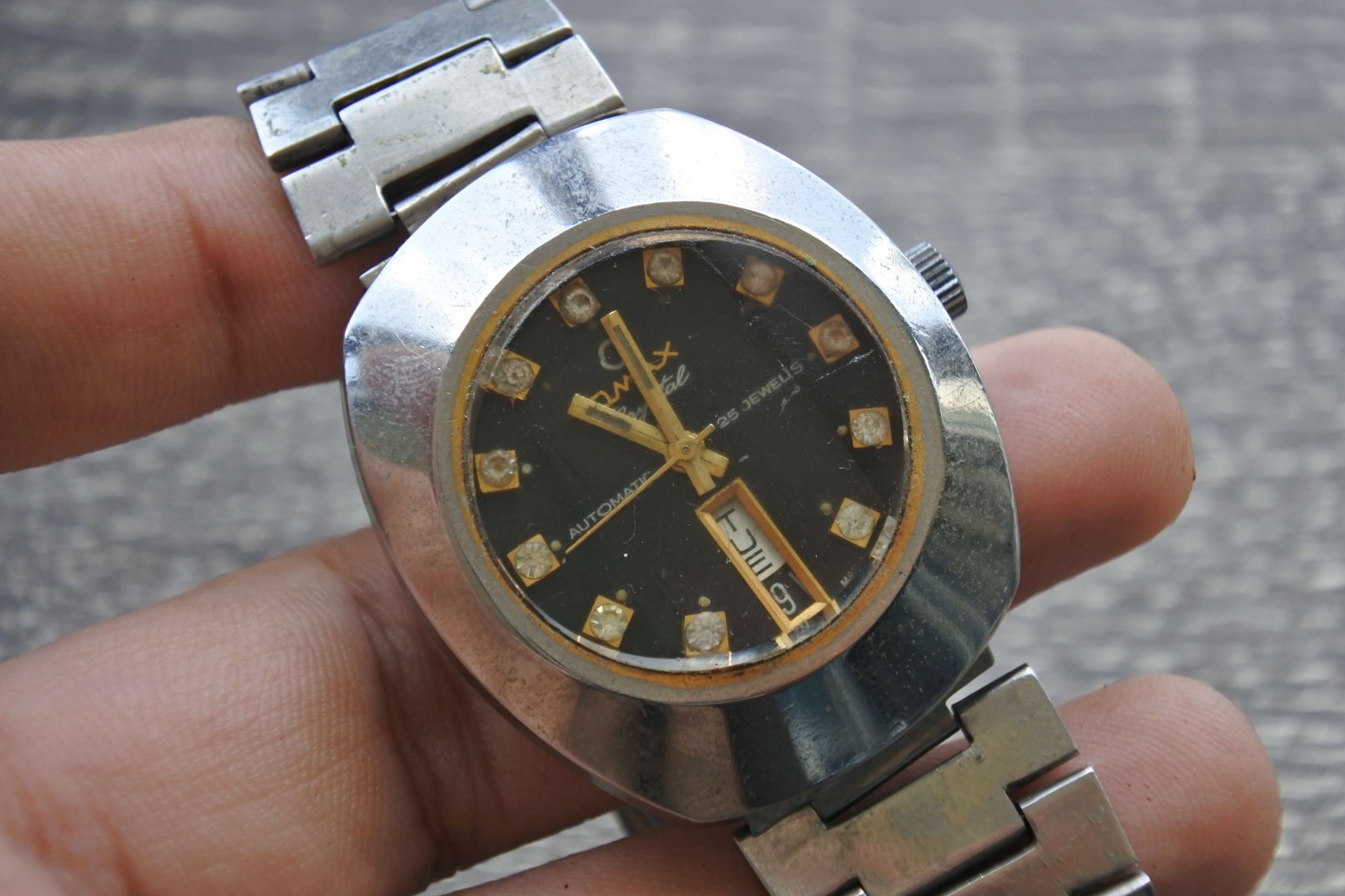 นาฬิกา Omax Crystal Vintage ผู้ชาย สายสแตนเลส แท้มือสองญี่ปุ่น ระบบ Automatic หน้าปัด 37mm