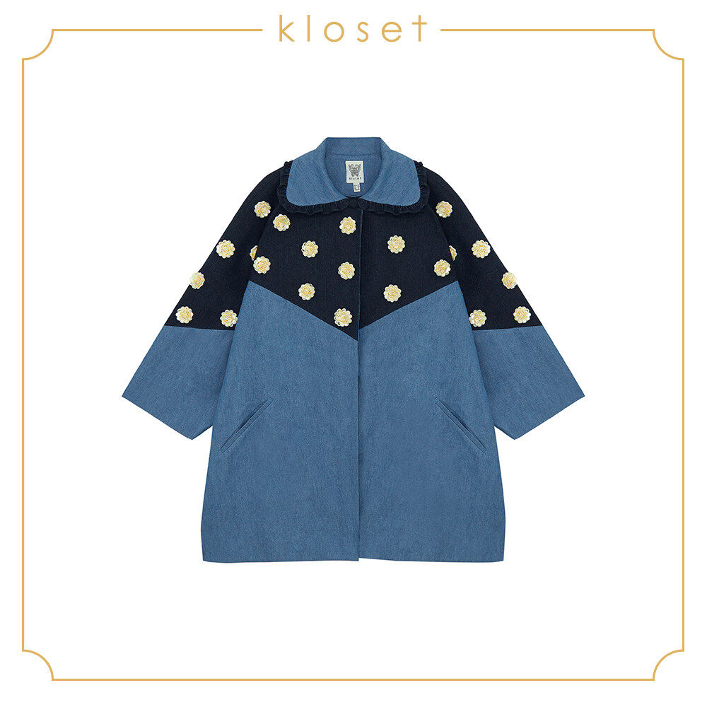 Kloset Printed Jacket With Detail On Sleeves (AW18-T022) เสื้อผ้าแฟชั่น เสื้อผ้าผู้หญิง เสื้อตัวยาว เสื้อคลุม เสื้อตัดต่อ เสื้อมีปก สี JEANS สี JEANSไซส์ M
