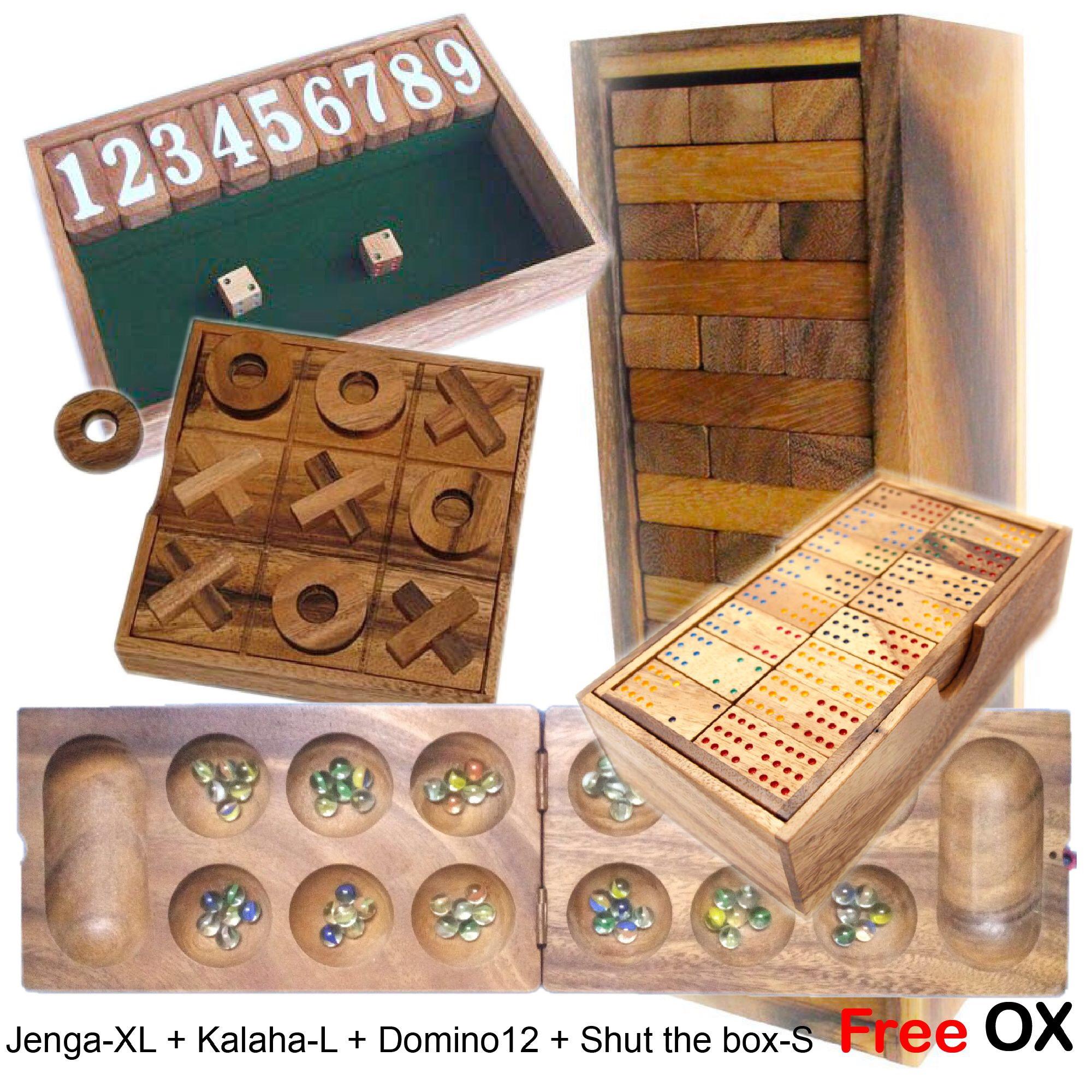 Best-07 เกมส์ตึกถล่ม-จัมโบ้+หมากหลุม-ใหญ่+โดมิโน่12จุด+ปิดกล่อง-เล็ก ฟรี OX (Jenga-XL+Kalaha-L+Domino12+Shut the box-S)