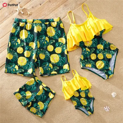 PatPat Family Look Matching Lemon Print Ruffle One-piece Swimsuits Swimwear-Z
