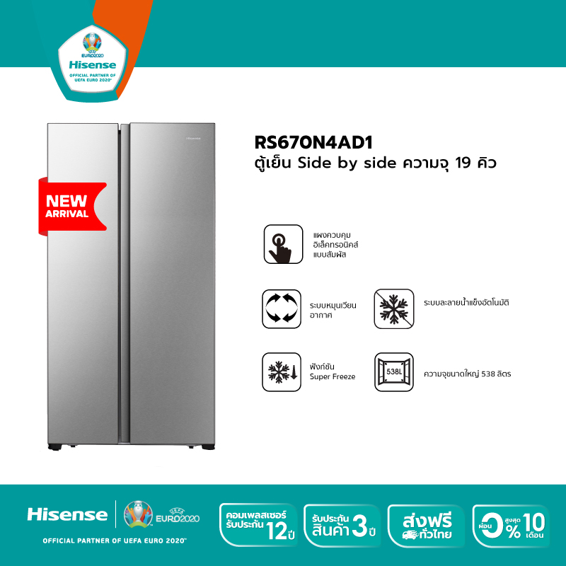 Hisense ตู้เย็น2 ประตู Side By Side :19Q/520 ลิตร รุ่น RS670N4AD1 New 2021