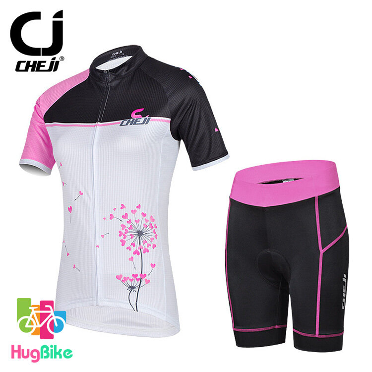 ชุดจักรยานผู้หญิงแขนสั้นขาสั้น CheJi 14 (09) สีขาวดำชมพู