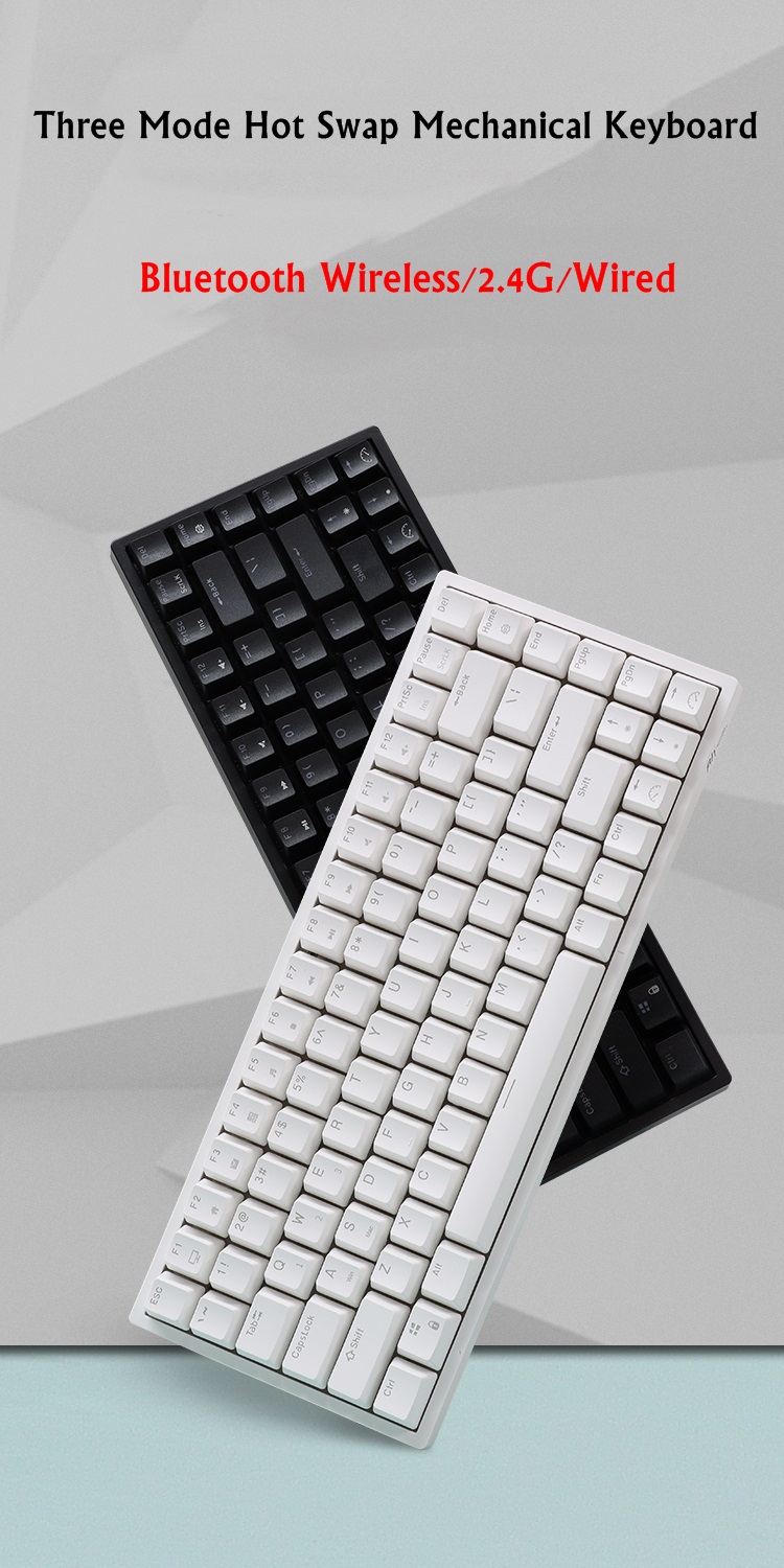 RK84 Bluetooth & 2.4G wireless& USB คีย์บอร์ด gaming Mechanical keyboard  84 Keys Hot-swappable แสงไฟสีขาว