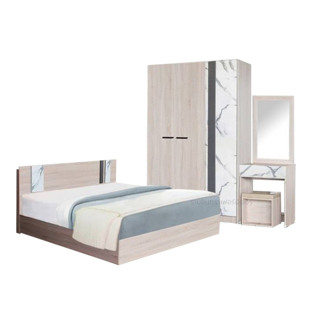 RF Furniture ชุดห้องนอน 6ฟุต เตียง 6ฟุต +ตู้เสื้อผ้า 120 ซม.+โต๊ะแป้ง 60 ซม. รุ่น กลอรี่ สีโซลิดหินอ่อน Bedroom Set
