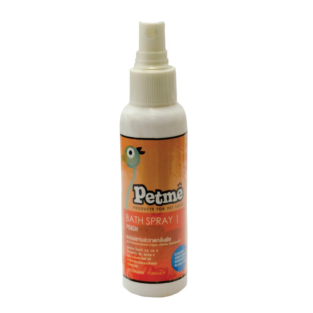 Petme Spray สเปรย์อาบน้ำแห้ง กลิ่นพีช สูตรน้ำมันกระจอกเทศ หอมชื่นใจ สำหรับสุนัขและแมว (100 มล./ ขวด)