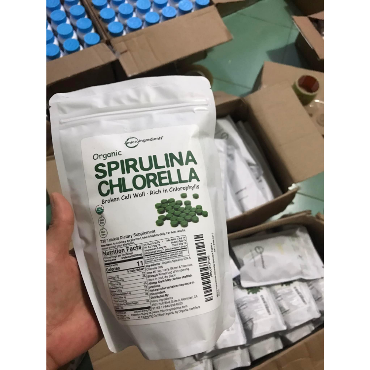 (HÀNG CHUẨN)Viên tảo spirulina và chlorella hữu cơ Micro Ingredients 720v