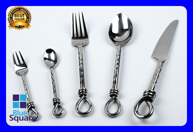 BLUE SQUARE Cutlery Set Stainless spoon fork set ชุด ช้อนส้อมสวยๆ ช้อนสแตนเลส สตีล304 แฮนด์เมด ของแท้ แข็งแรง ทนทาน ดีไซด์เชือกทุบเงา  5ชิ้น/ชุด จัดส่งเร็ว มีคู่มือดูแลรักษา มีรับประกัน เก็บปลายทางได้