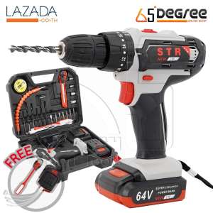 STR สว่านไร้สาย สว่านกระแทก สว่านแบต ไร้สาย 3 ระบบ 64V รุ่นใหม่ 2 IN 1 พาวเวอร์แบงค์แบตเตอรี่ ชารจ์โทรศัพท์ได้ แถมฟรี! สายชาร์จ 1 ออก 4 และไฟ LED ขนาดพกพา พร้อมอุปกรณ์ช่างครบชุด