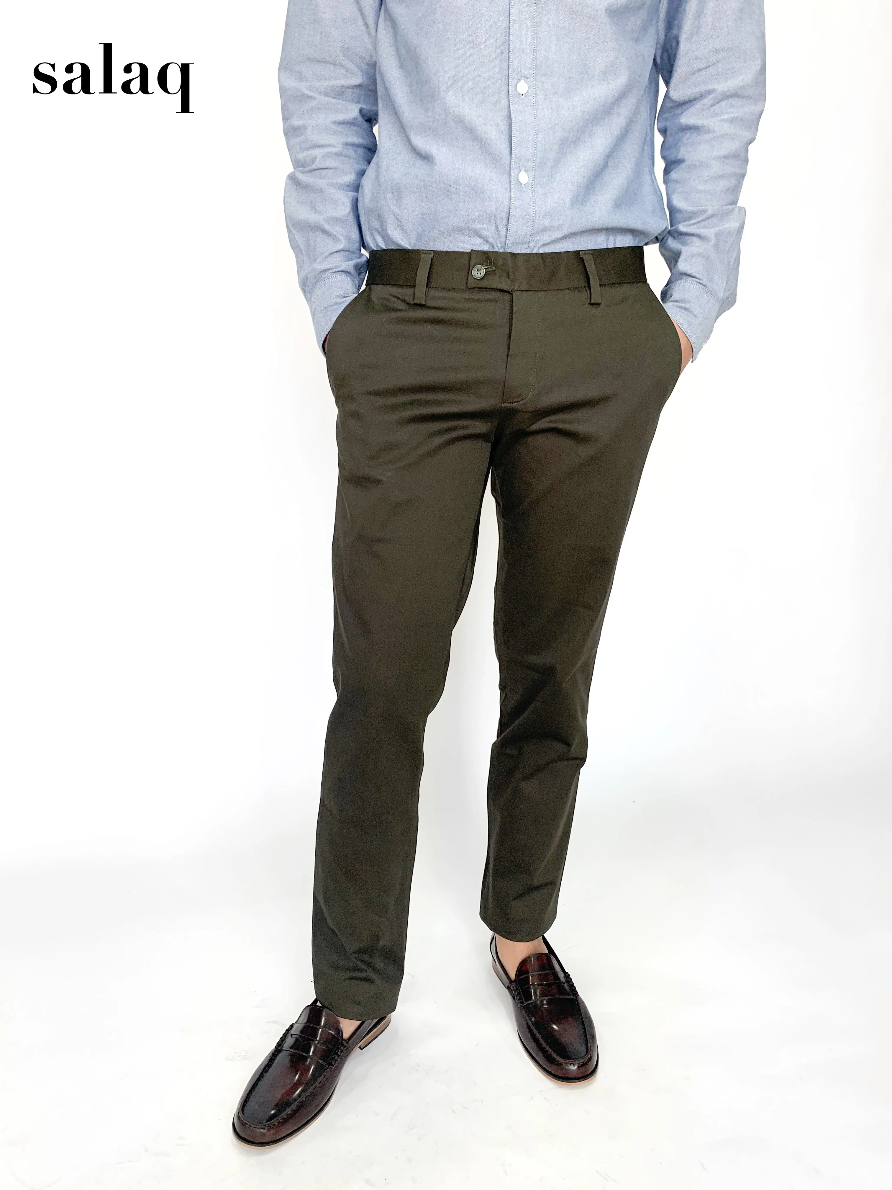 salaq [แจกโค้ดส่วนลด] กางเกงสแลคผ้ายืดขายาว กระบอกเล็กเข้ารูป กางเกงขายาวผู้ชาย กางเกงทำงาน กางเกงสแล็ค สีเขียวขี้ม้า