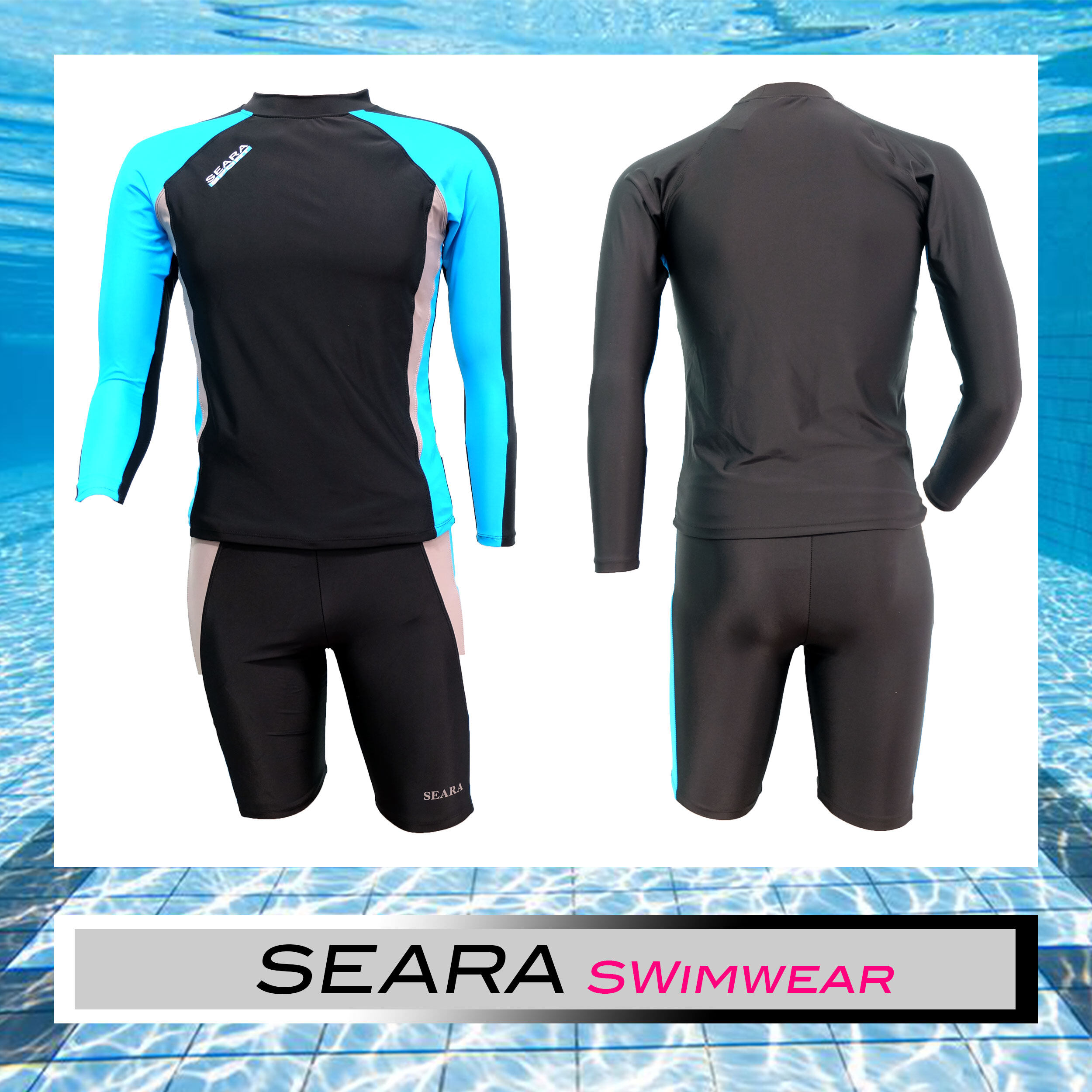 ชุดว่ายน้ำแขนยาว ขาสั้น  SEARA สีดำฟ้า ชุดว่ายน้ำชาย ชุดว่ายน้ำหญิง กันUV เสื้อว่ายน้ำ+กางเกงว่ายน้ำ ไซส์ S M L XL XXL 3XL