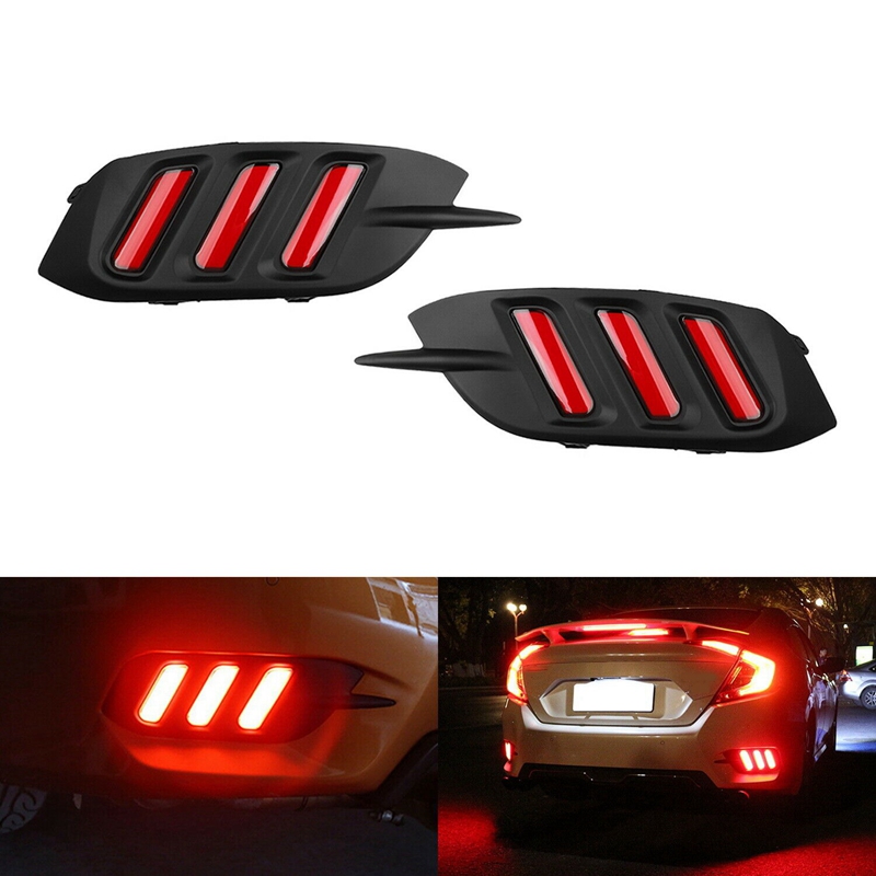 1 Pair Fluid Style Red LED Rear Bumper Reflector Brake Tail Light Lamp for Honda Civic 2016 2017 2018 2019 Mustang Style