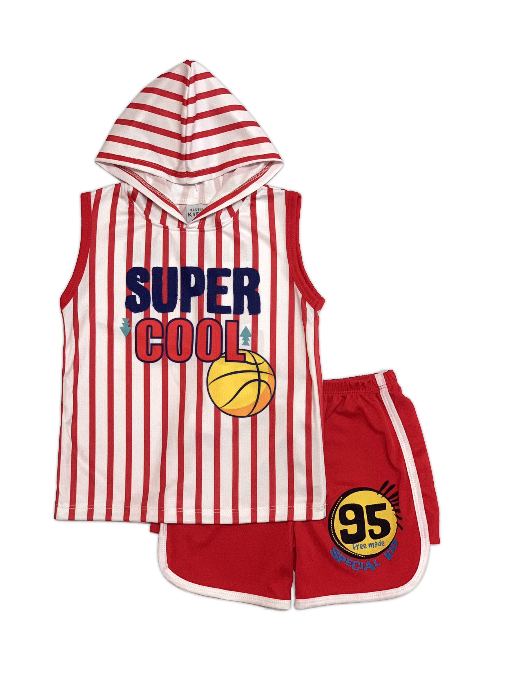ชุดเซทเด็กชายลายกีฬา ไซส์ 1-3 ปี เสื้อฮู้ดแขนกุด+กางเกงพิมพ์ลายกีฬา ลายริ้วแดง/ขาว (SB200008)