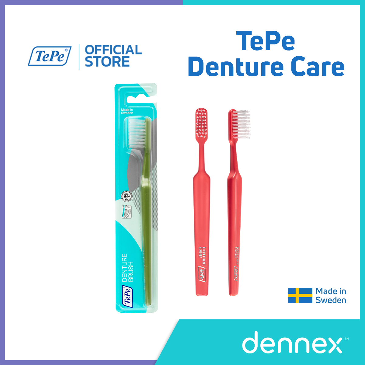 TePe Denture Care  แปรงทำความสะอาดฟันปลอม ชนิดถอดได้  เทเป้ เด็นเจอร์ แคร์ คละสี By Dennex