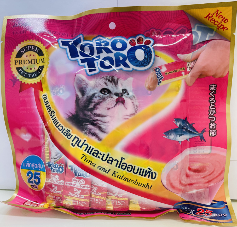 Toro Toro ขนมแมวเลีย ทูน่าและปลาโออบแห้ง (สีชมพู)15gX25 ซอง