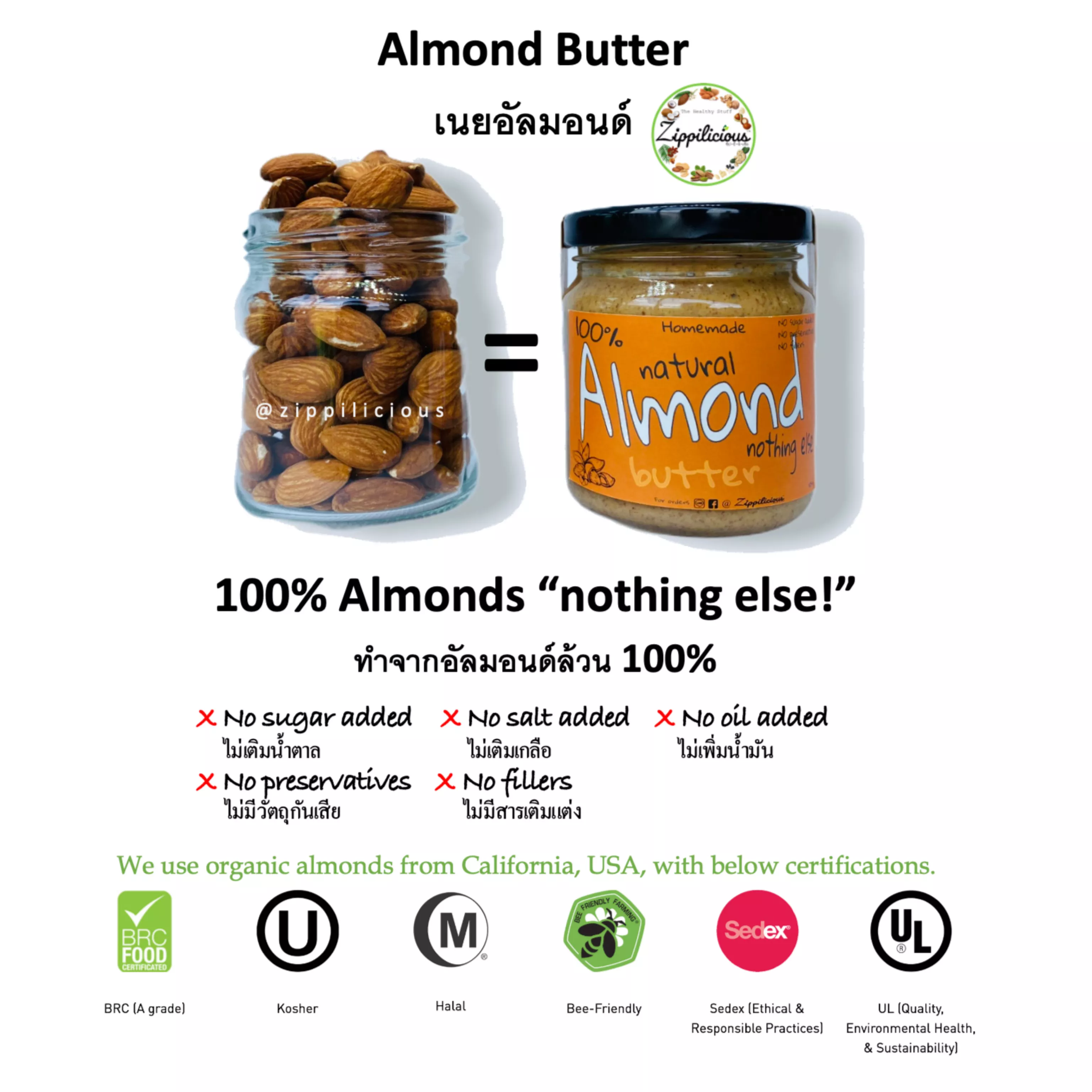 Almond Butter No Sugar No Salt No Oil added 100% Almonds 200g เนยอัลมอนด์ อัลมอนด์บด เนยถั่ว ไม่เติมน้ำตาล ไม่ใส่เกลือ Healthy Natural Spread รสธรรมชาติ Organic Zippilicious